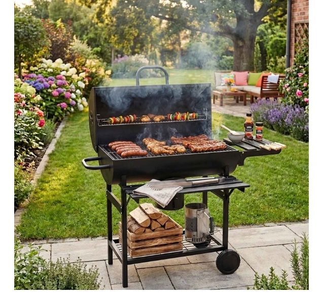 Grill with sausages and steaks in a garden setting, perfect for outdoor cooking and summer barbecues.