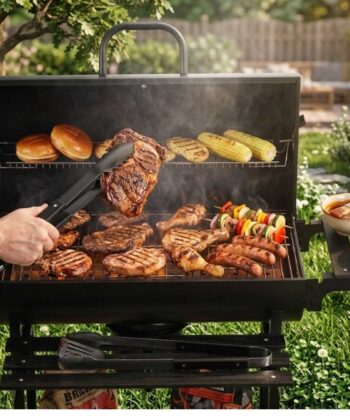 Grilling meat and vegetables on a barbecue in a garden setting.