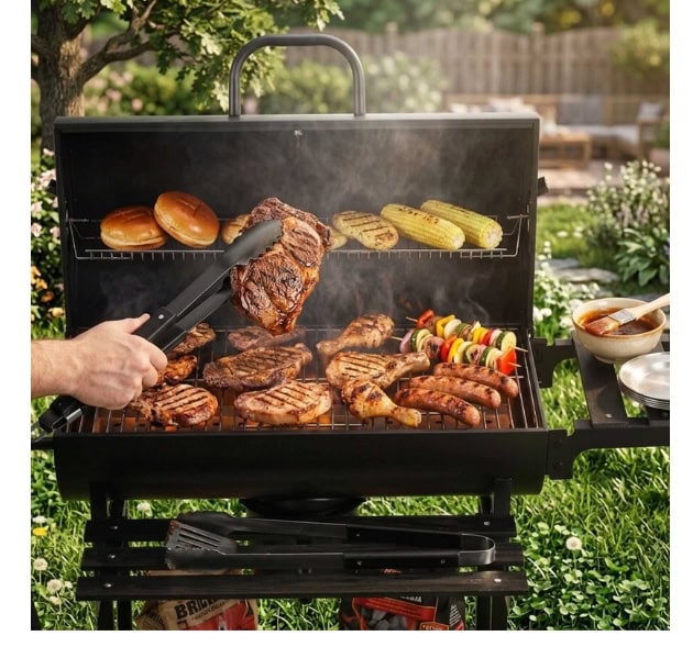 Grilling meat and vegetables on a barbecue in a garden setting.