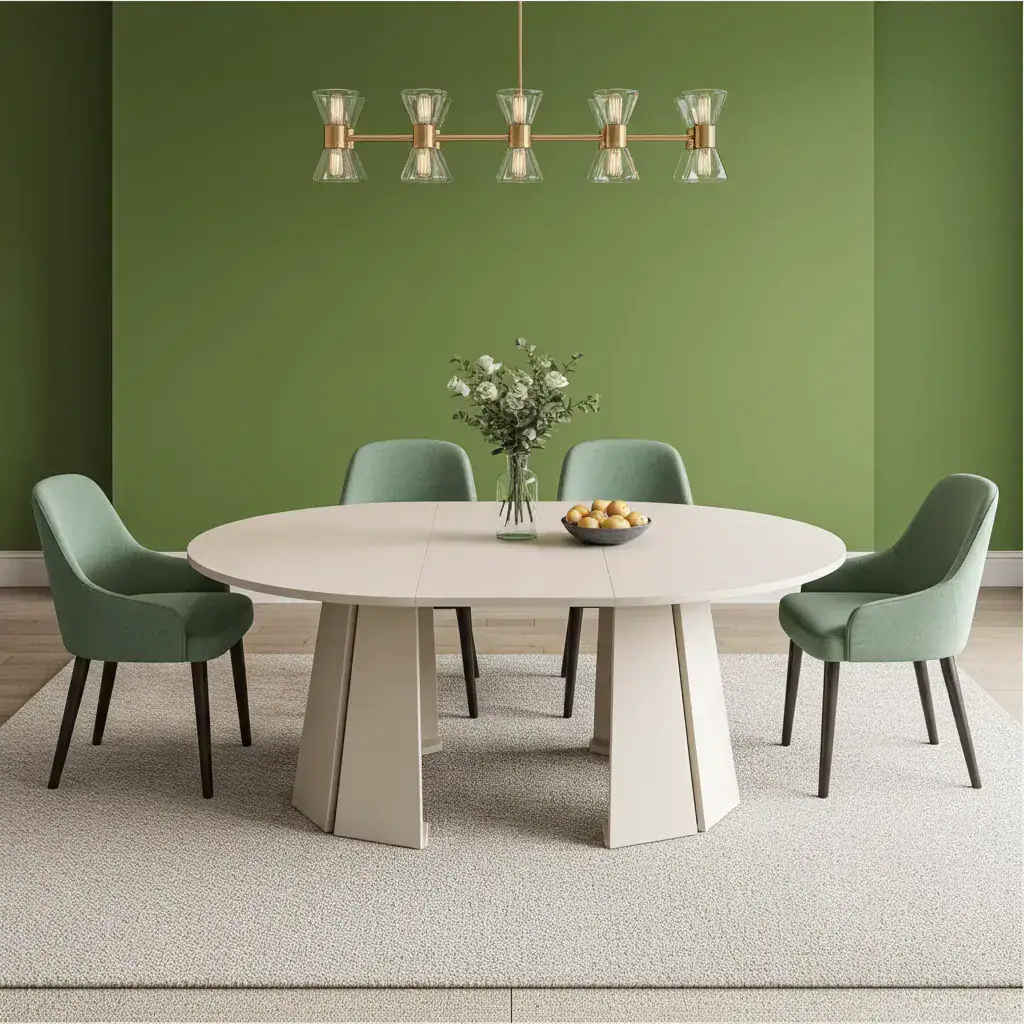 Stylish extendable dining table with a modern design, surrounded by green upholstered chairs, in a contemporary dining room setting.