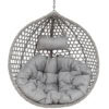Soft grey hanging egg chair with plush cushion and headrest, perfect for relaxing outdoors or indoor.