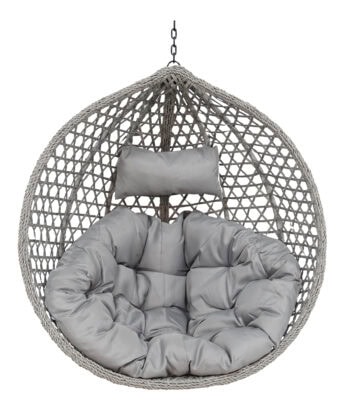 Soft grey hanging egg chair with plush cushion and headrest, perfect for relaxing outdoors or indoor.