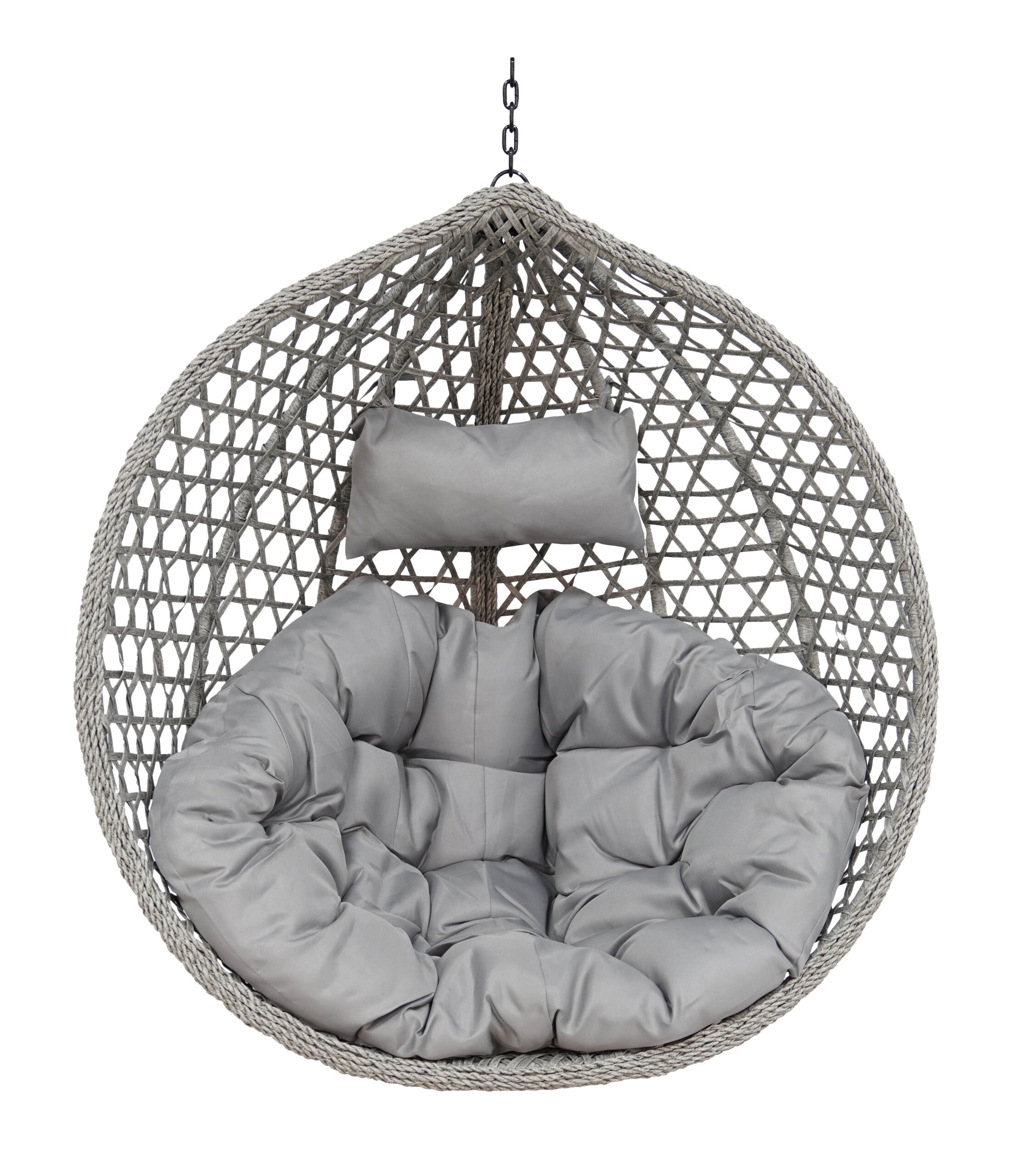 Soft grey hanging egg chair with plush cushion and headrest, perfect for relaxing outdoors or indoor.