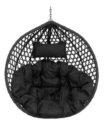 Relaxing black hanging egg chair with cushion, perfect for outdoor or indoor lounging.