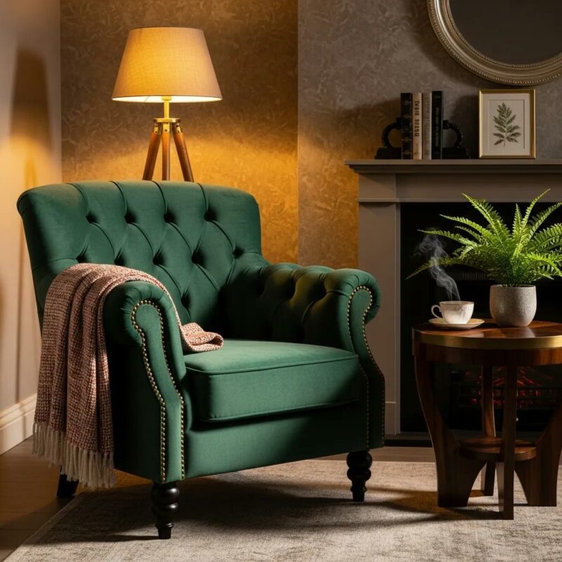 Stylish upholstered armchair in a cozy living room setting, emphasizing comfort and design