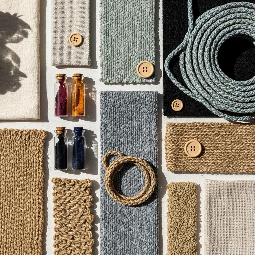 Sustainable materials like organic cotton and recycled fibres used for pouffes, reflecting eco-friendly production