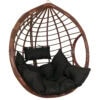 Comfortable hanging egg chair with black cushions, perfect for relaxing indoors or outdoors. Stylish.