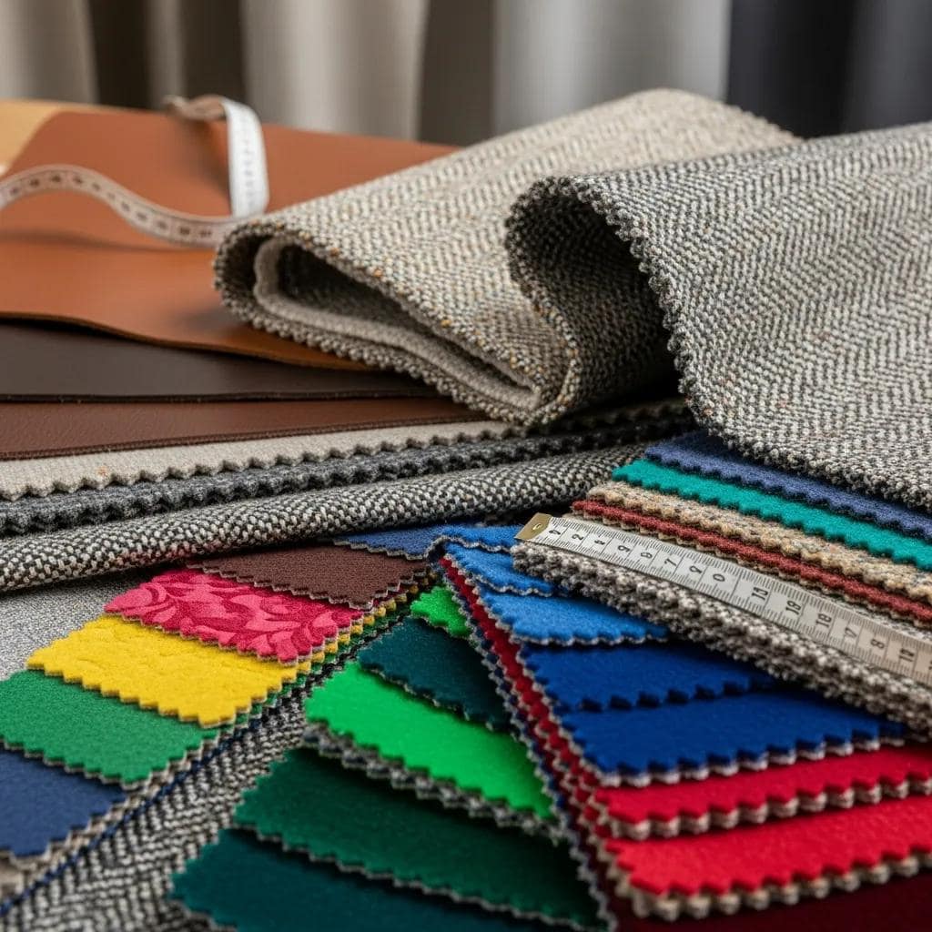 Variety of upholstery materials including textured fabrics and leather swatches for bespoke armchairs, showcasing customization options for handcrafted furniture by PouffeLOVE in Cork, Ireland.