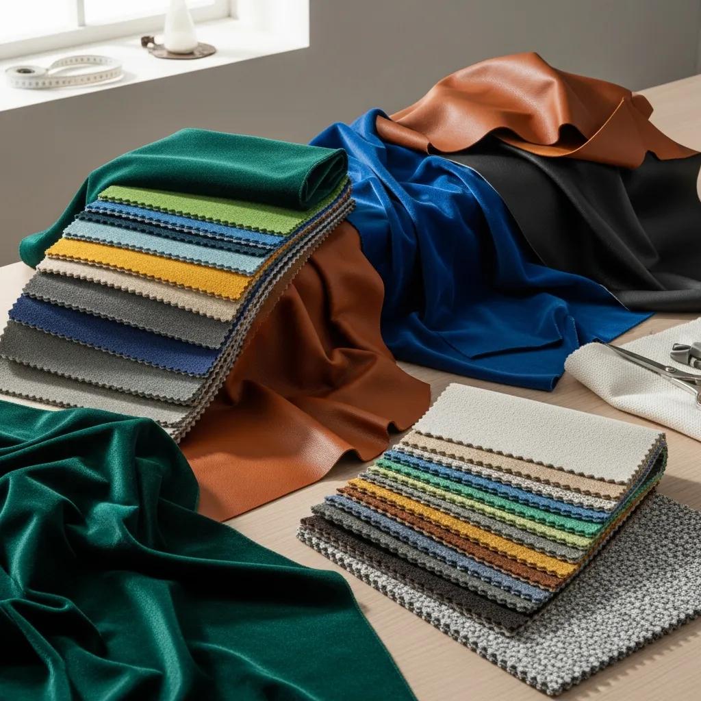 Variety of upholstery materials including velvet, leather, and sustainable fabrics, showcasing texture and color options
