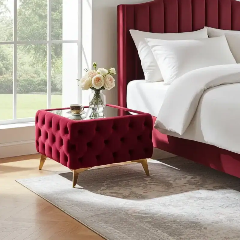 Stylish wooden and metal bedside tables in a cozy Irish bedroom setting