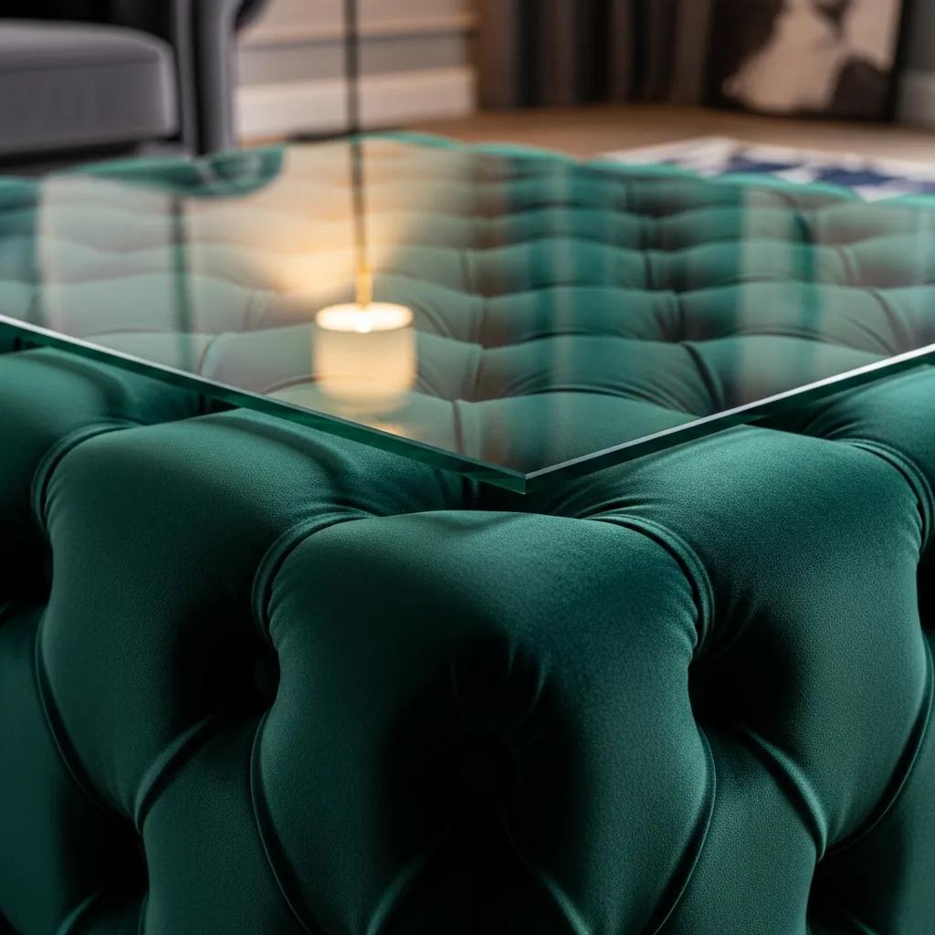 Close-up of Chester coffee table highlighting button-tufted design and premium velvet upholstery