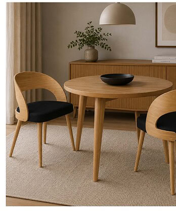 Modern wooden dining table with black cushioned chairs in a stylish interior setting.