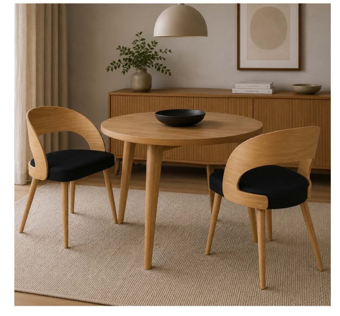 Modern wooden dining table with black cushioned chairs in a stylish interior setting.