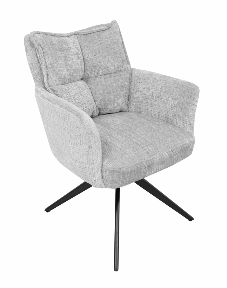 Soft grey upholstered armchair with a modern design and black metal legs, perfect for contemporary l.