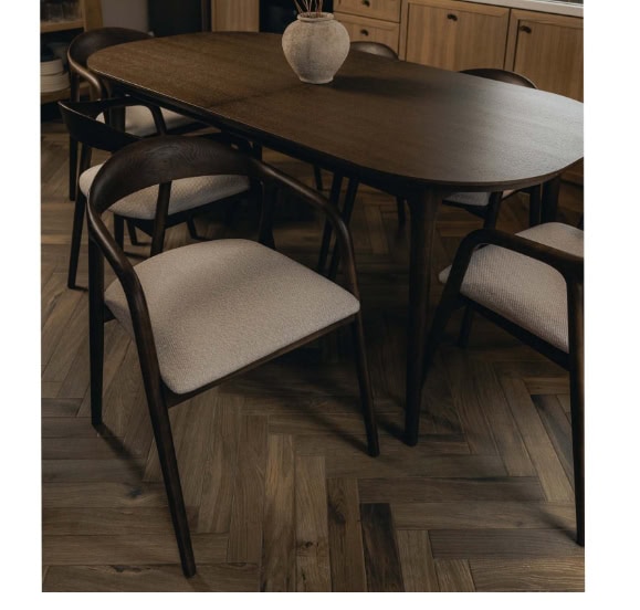 Elegant wooden dining table with upholstered chairs, perfect for modern kitchens and dining rooms.