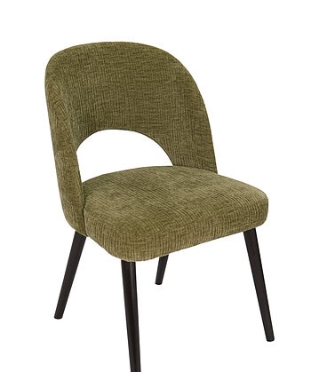 Green upholstered accent chair with wooden legs, perfect for contemporary home interiors.