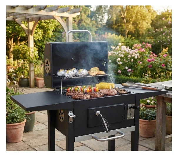 Grill barbecue in a garden setting with potted plants and flowers, perfect for outdoor cooking and g.