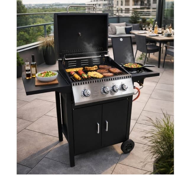 Grill on a balcony with food and drinks, perfect for outdoor dining and barbecues.
