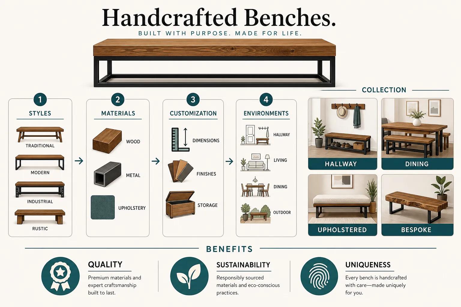 Handcrafted benches in elegant Irish interior