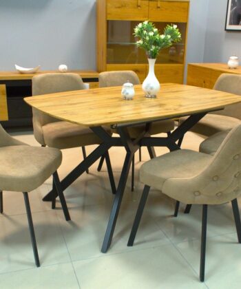 Elegant wooden dining table with beige upholstered chairs in a modern interior setting.