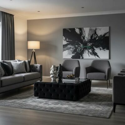 Luxurious Chester coffee table in an elegant Irish living room with velvet upholstery and glass top