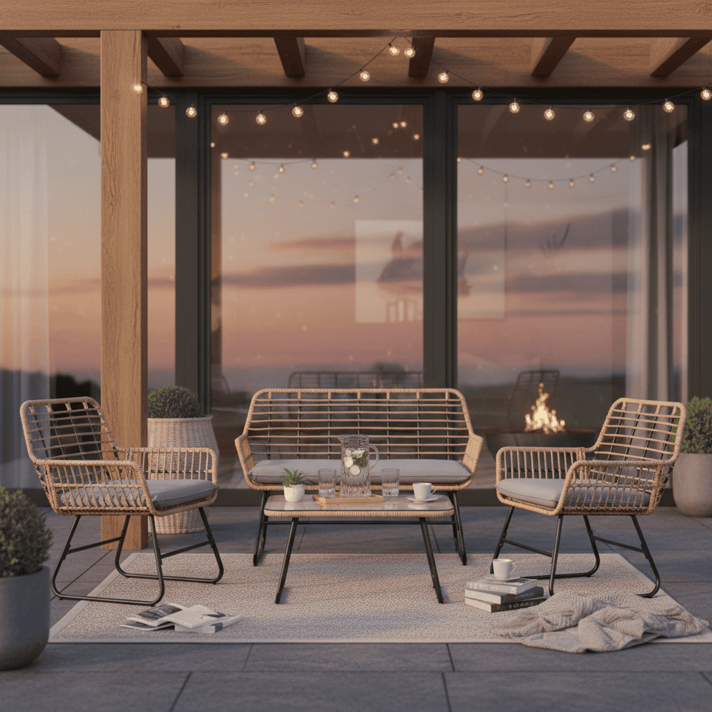 Modern outdoor patio with wicker furniture and string lights at sunset.