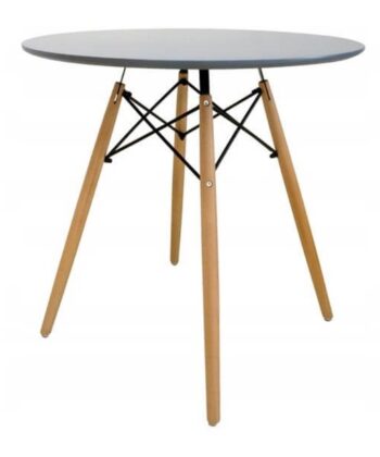 Modern round wooden table with black metal supports, ideal for contemporary home decor.