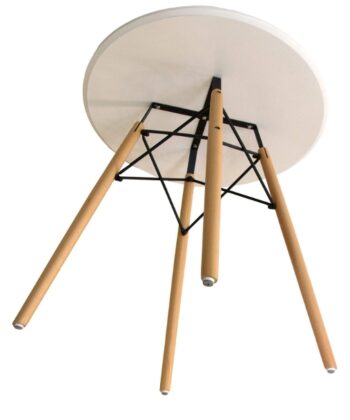 Modern round white table with wooden legs and black metal support structure.