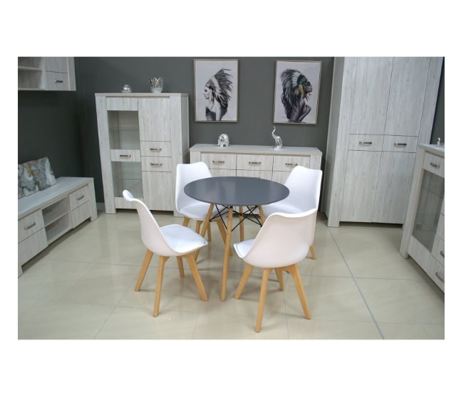 Modern white pouffe and chairs set in stylish living room decor.