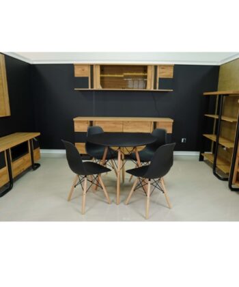 Modern black and wooden furniture in stylish home office or lounge space.