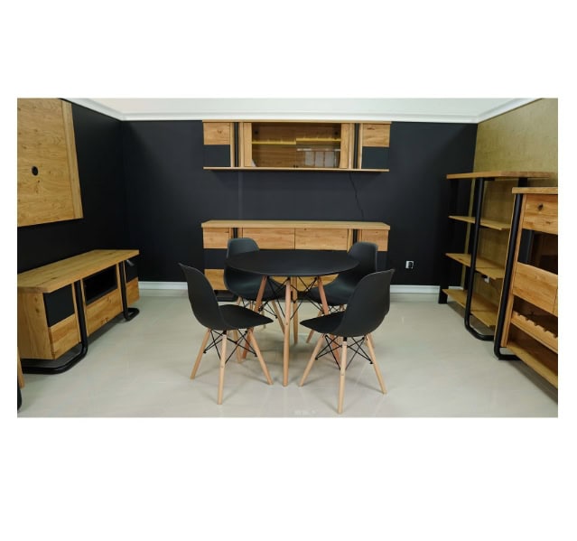 Modern black and wooden furniture in stylish home office or lounge space.