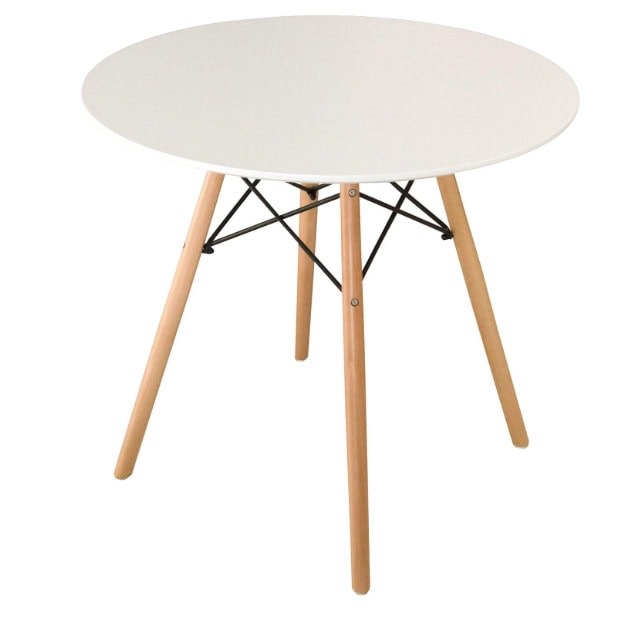 White round pouffe with wooden legs and black metal supports, modern and stylish for living room dec.