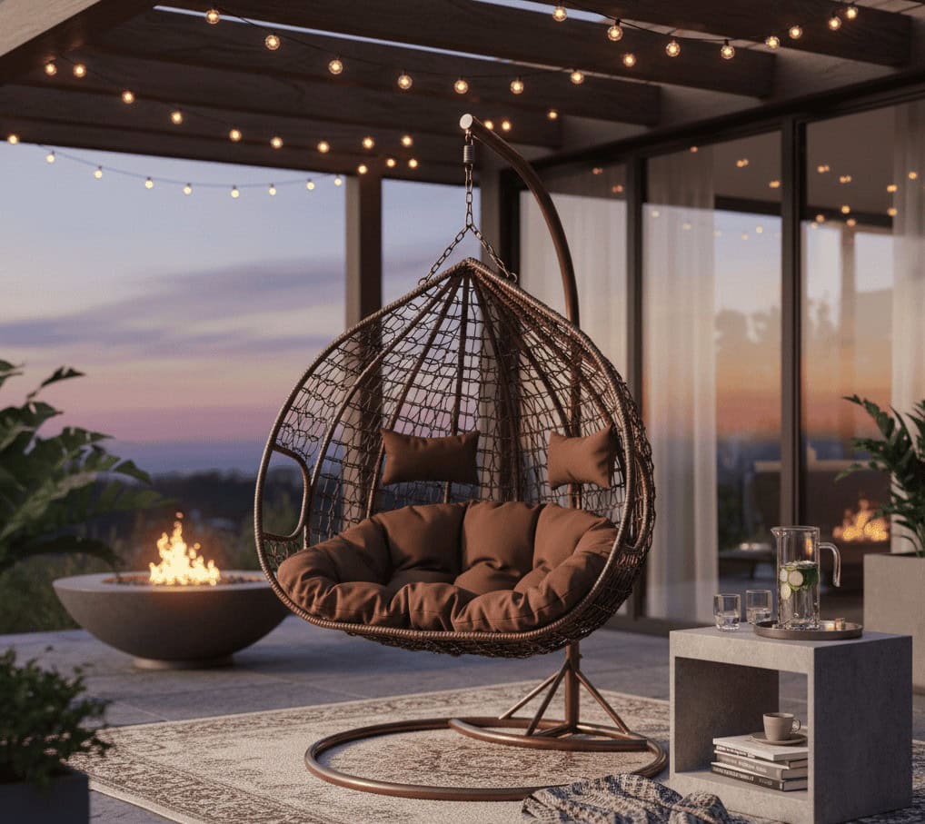 Relaxing outdoor hanging egg chair with cushions, perfect for cosy evenings on a patio or balcony.