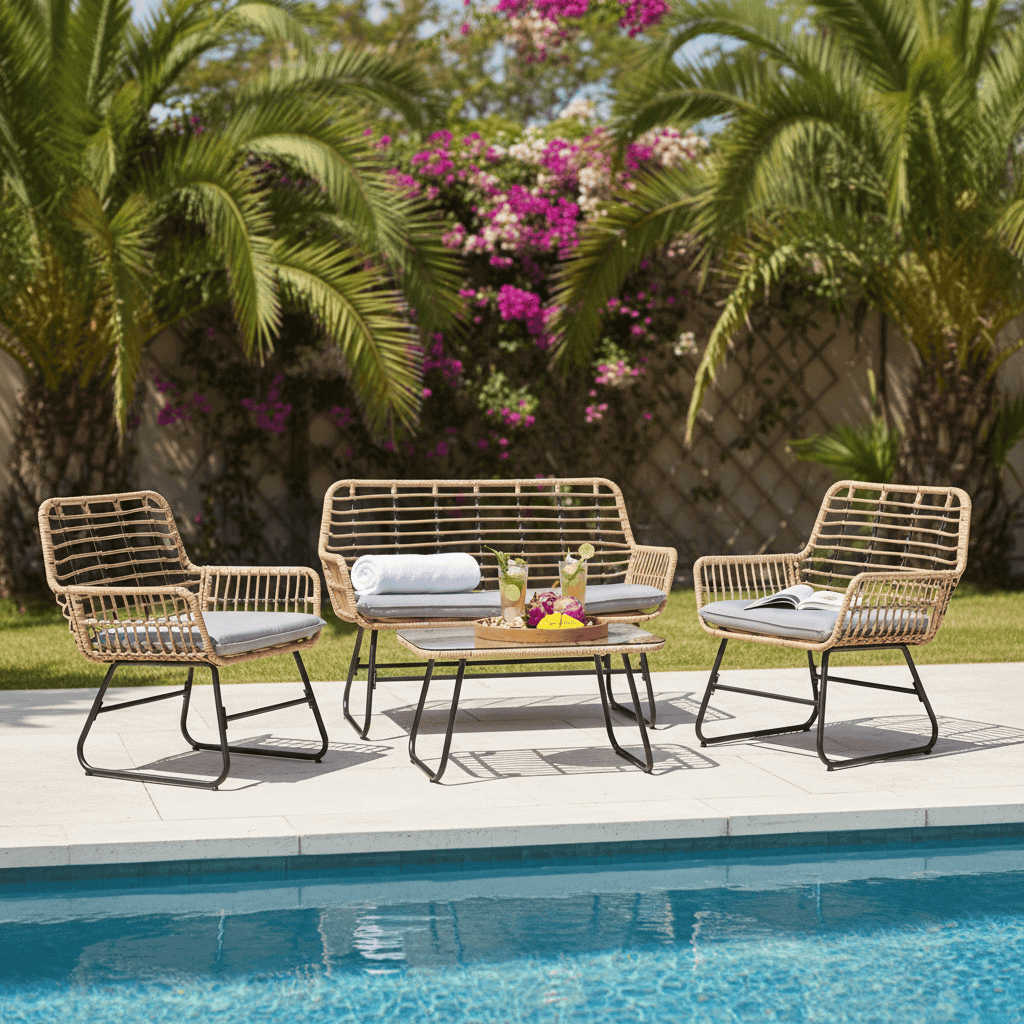 Relaxing outdoor patio with wicker furniture and a swimming pool, surrounded by lush greenery and co.