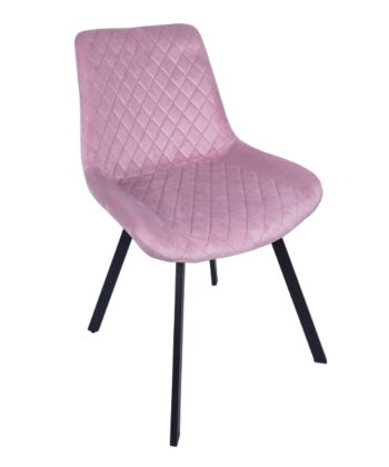 Pink quilted fabric chair with black wooden legs for modern home decor.