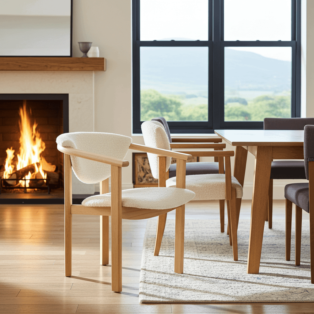 Soft beige armchair with wooden frame in a modern living room with fireplace and large window.