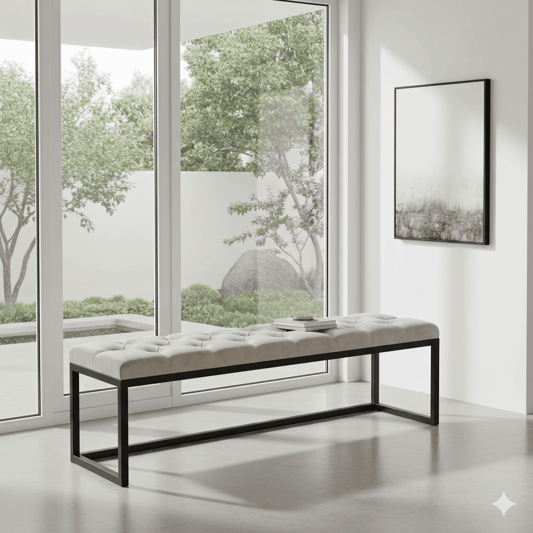 Soft white pouffe with black metal frame in modern minimalist interior with large windows and greene.