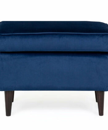 Blue velvet pouffe with wooden legs, perfect for living room decor and comfort.
