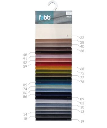 Bright fabric swatch sample with various colour codes for upholstery and decor.
