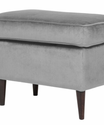 Grey velvet pouffe with wooden legs, modern and stylish for living room decor.
