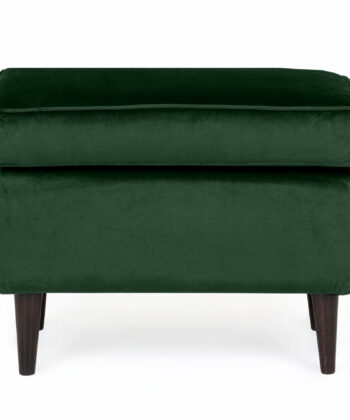 Green velvet pouffe with wooden legs for stylish living room decor.