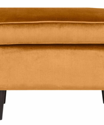Velvet orange pouffe with wooden legs for stylish living room decor.