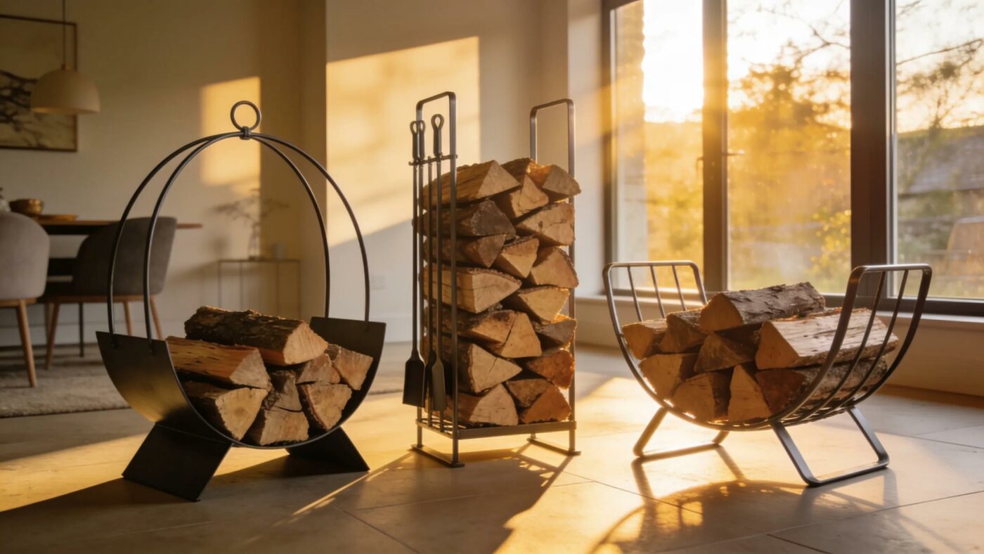 Stylish metal firewood storage solutions in a modern Irish home interior