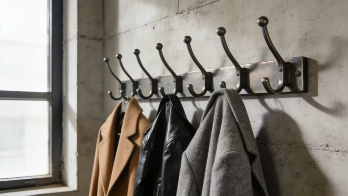 Handcrafted LOFT industrial metal wall coat rack mounted with stylish coats