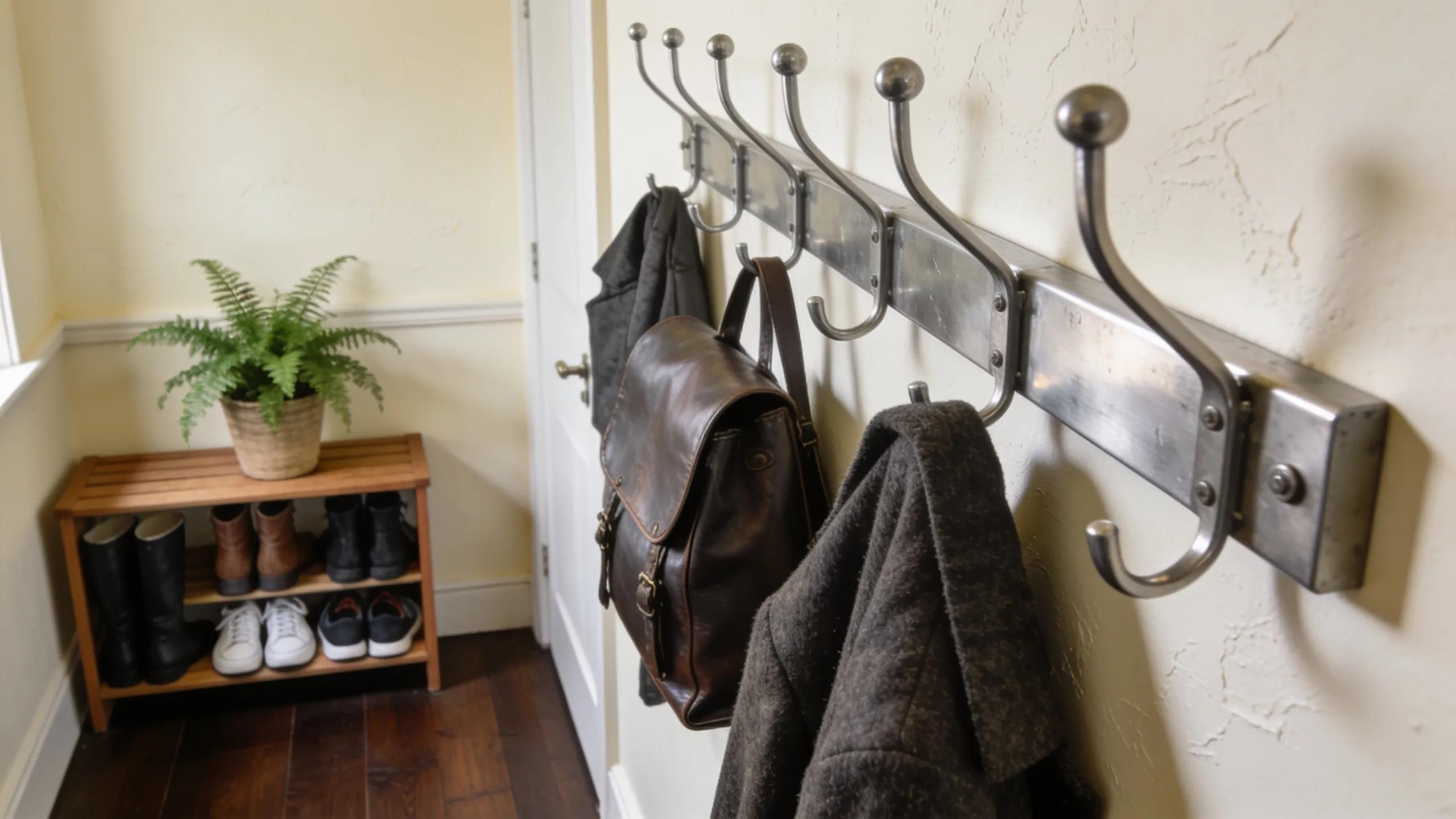 Space-saving industrial coat rack in a narrow Irish hallway with bags and coats