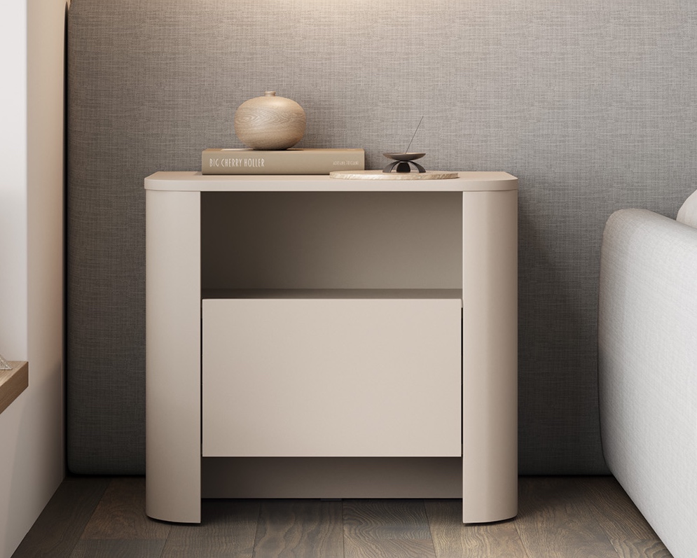 Cashmere Bedside Table with Fluted Rounded Edges & Push-to-Open Drawer