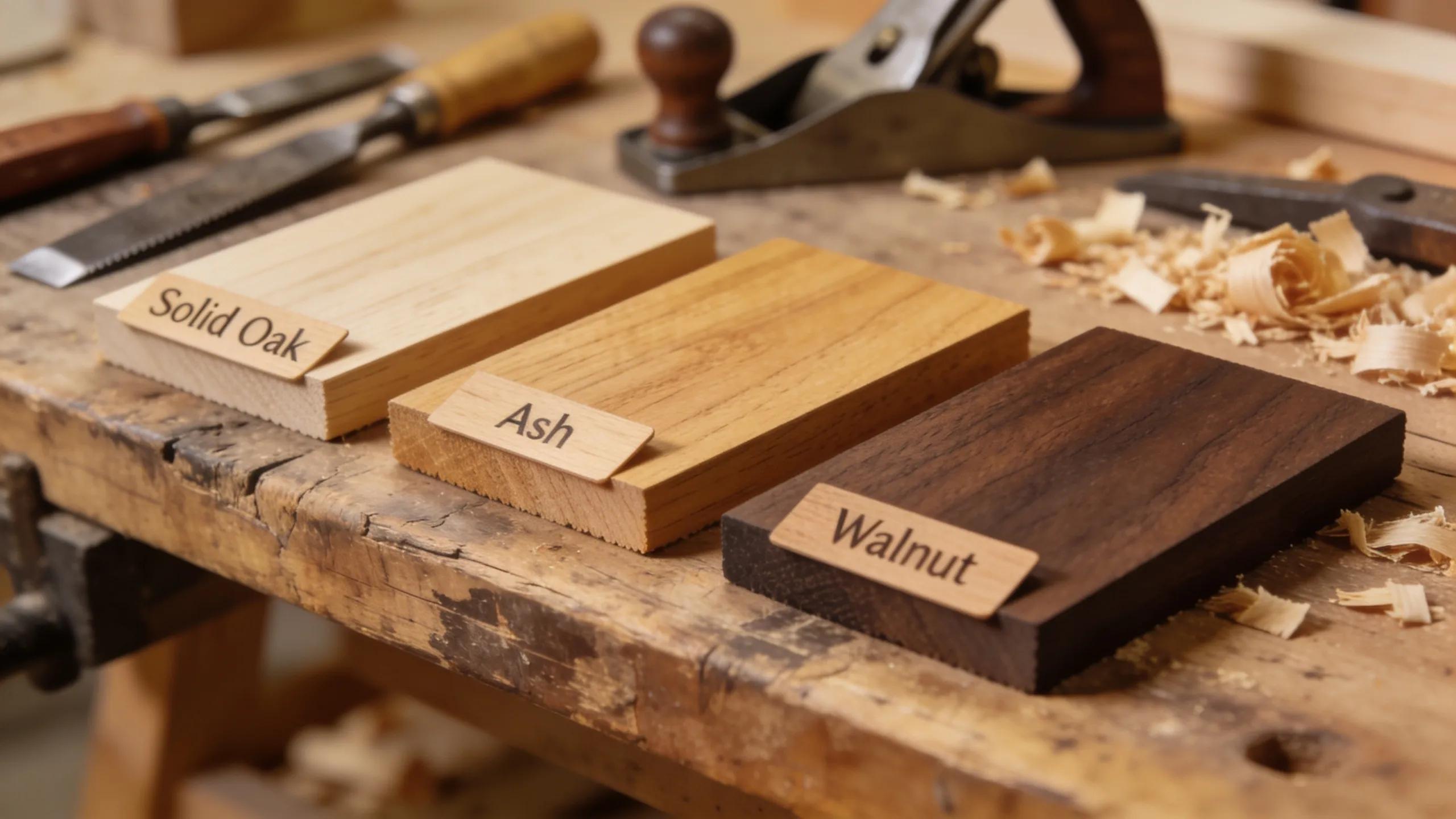 Display of various hardwood types used in handcrafted queen size beds, emphasizing craftsmanship and quality