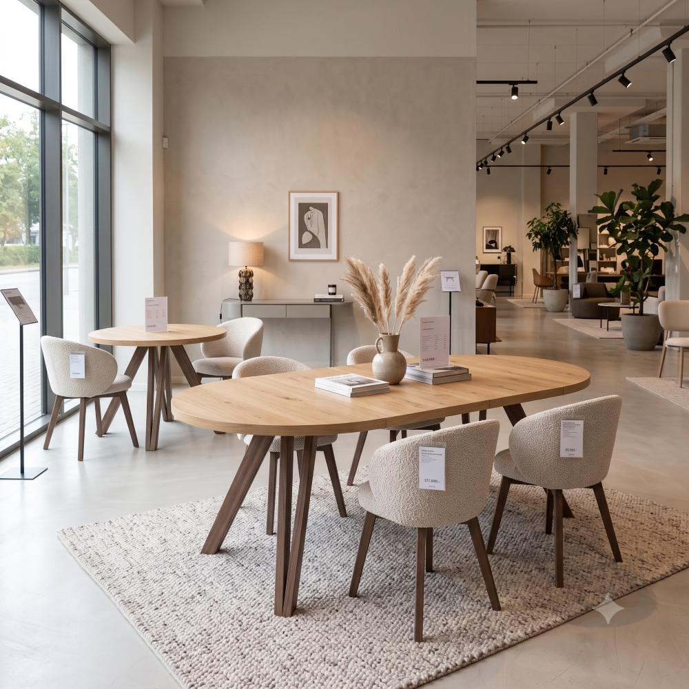 Extendable Dining Table (100–180 cm) paired with 4 Aura Sculptural Upholstered Dining Armchairs