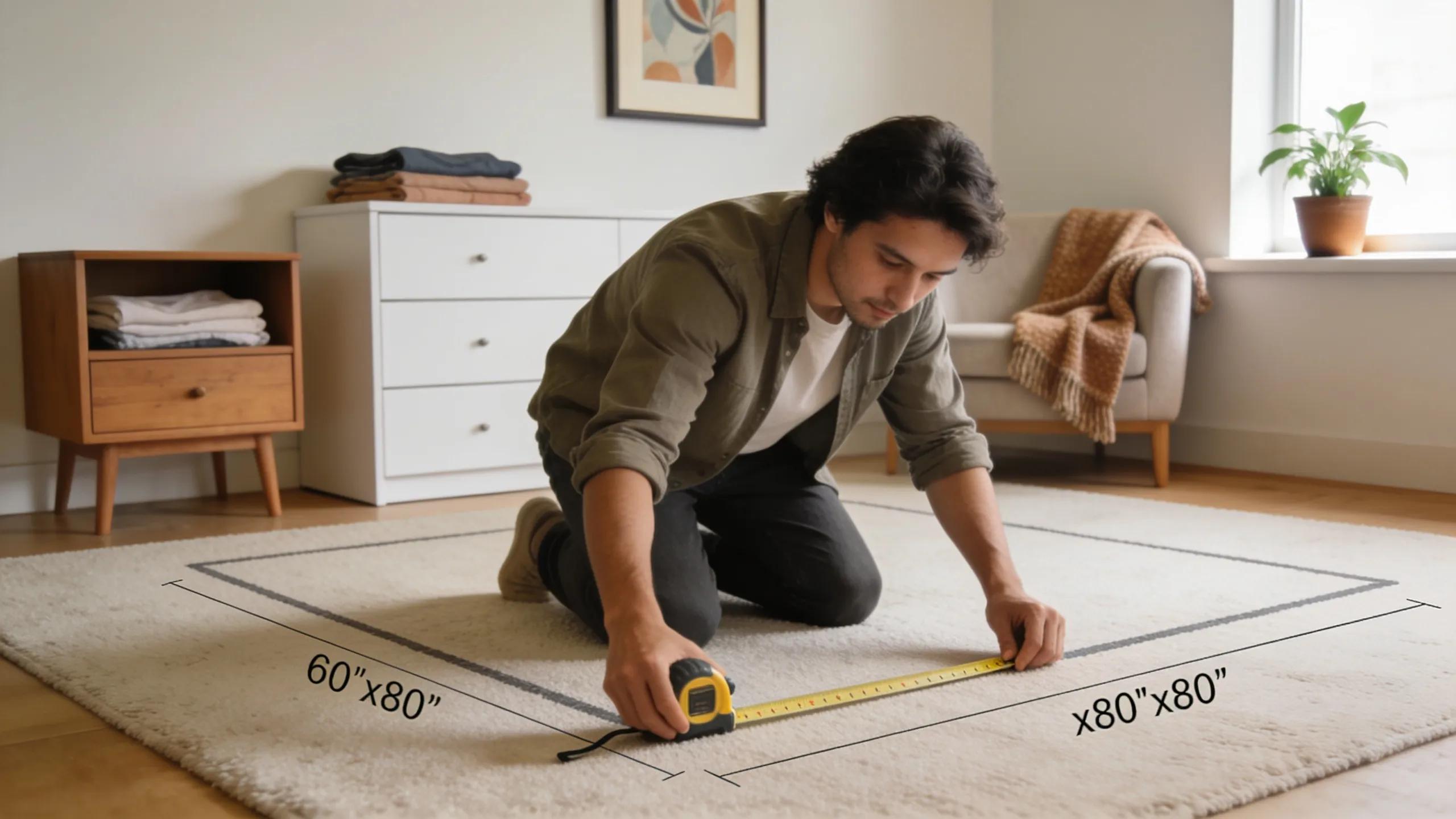 Individual measuring a bedroom space for a perfect queen size bed fit, highlighting the importance of room measurement