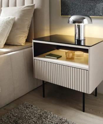 ORTA Cashmere Bedside Table with Glass Top & LED Lighting